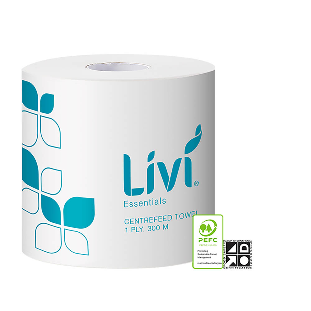 Image for LIVI ESSENTIALS CENTREFEED ROLL TOWEL 1-PLY 300M CARTON 4 from Ross Office Supplies Office Products Depot