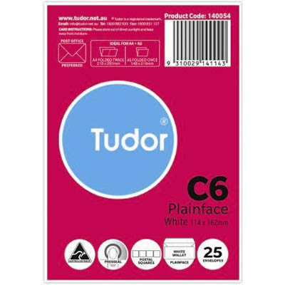 Image for TUDOR C6 ENVELOPES WALLET PLAINFACE PRESS SEAL POST OFFICE SQUARES 80GSM 114 X 162MM WHITE PACK 25 from Ross Office Supplies Office Products Depot