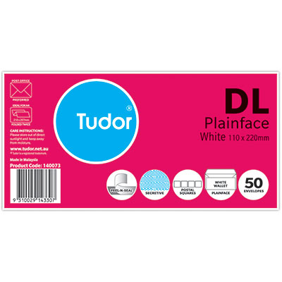Image for TUDOR DL ENVELOPES SECRETIVE WALLET PLAINFACE STRIP SEAL POST OFFICE SQUARES 80GSM 110 X 220MM WHITE PACK 50 from O'Donnells Office Products Depot