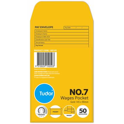 Image for TUDOR ENVELOPES NO.7 WAGES POCKET PRE-PRINTED PRESS SEAL 80GSM 90 X 145 GOLD PACK 50 from OFFICEPLANET OFFICE PRODUCTS DEPOT