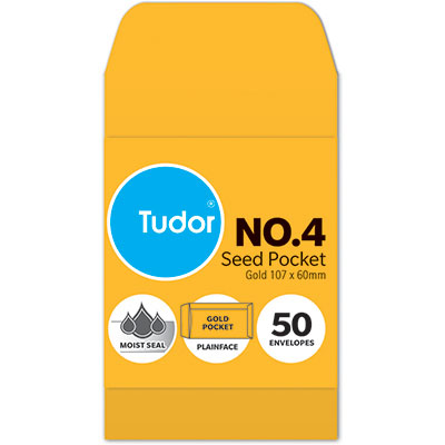 Image for TUDOR ENVELOPES NO.4 SEED POCKET PLAINFACE MOIST SEAL 80GSM 60 X 107MM GOLD PACK 50 from Total Supplies Pty Ltd