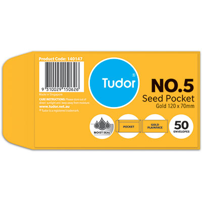 Image for TUDOR ENVELOPES NO.5 SEED POCKET PLAINFACE MOIST SEAL 80GSM 120 X 70MM GOLD PACK 50 from Total Supplies Pty Ltd