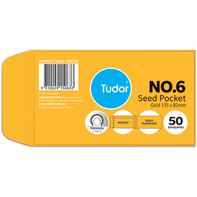 Image for TUDOR ENVELOPES NO.6 SEED POCKET PLAINFACE PRESS SEAL 80GSM 80 X 135MM GOLD PACK 50 from Total Supplies Pty Ltd