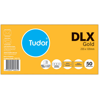 Image for TUDOR DLX ENVELOPES POCKET PLAINFACE STRIP SEAL POST OFFICE SQUARES 80GSM 120 X 235MM GOLD PACK 50 from OFFICEPLANET OFFICE PRODUCTS DEPOT