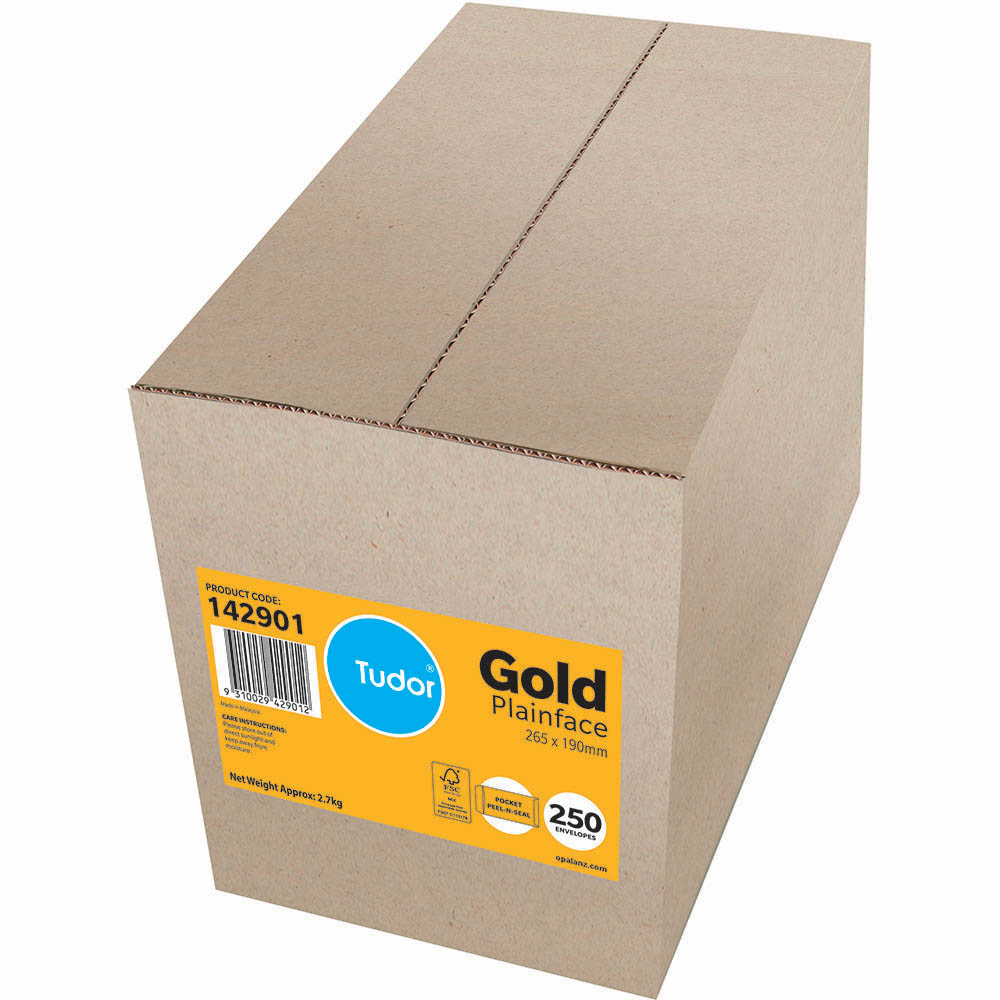 Image for TUDOR ENVELOPES POCKET PLAINFACE STRIP SEAL 80GSM 265 X 190MM GOLD BOX 250 from MOE Office Products Depot Mackay & Whitsundays