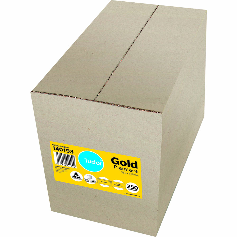 Image for TUDOR ENVELOPES POCKET PLAINFACE STRIP SEAL 80GSM 355 X 150MM GOLD BOX 250 from MOE Office Products Depot Mackay & Whitsundays