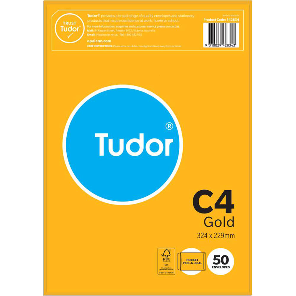 Image for TUDOR C4 ENVELOPES POCKET PLAINFACE STRIP SEAL 80GSM 324 X 229MM GOLD PACK 50 from MOE Office Products Depot Mackay & Whitsundays