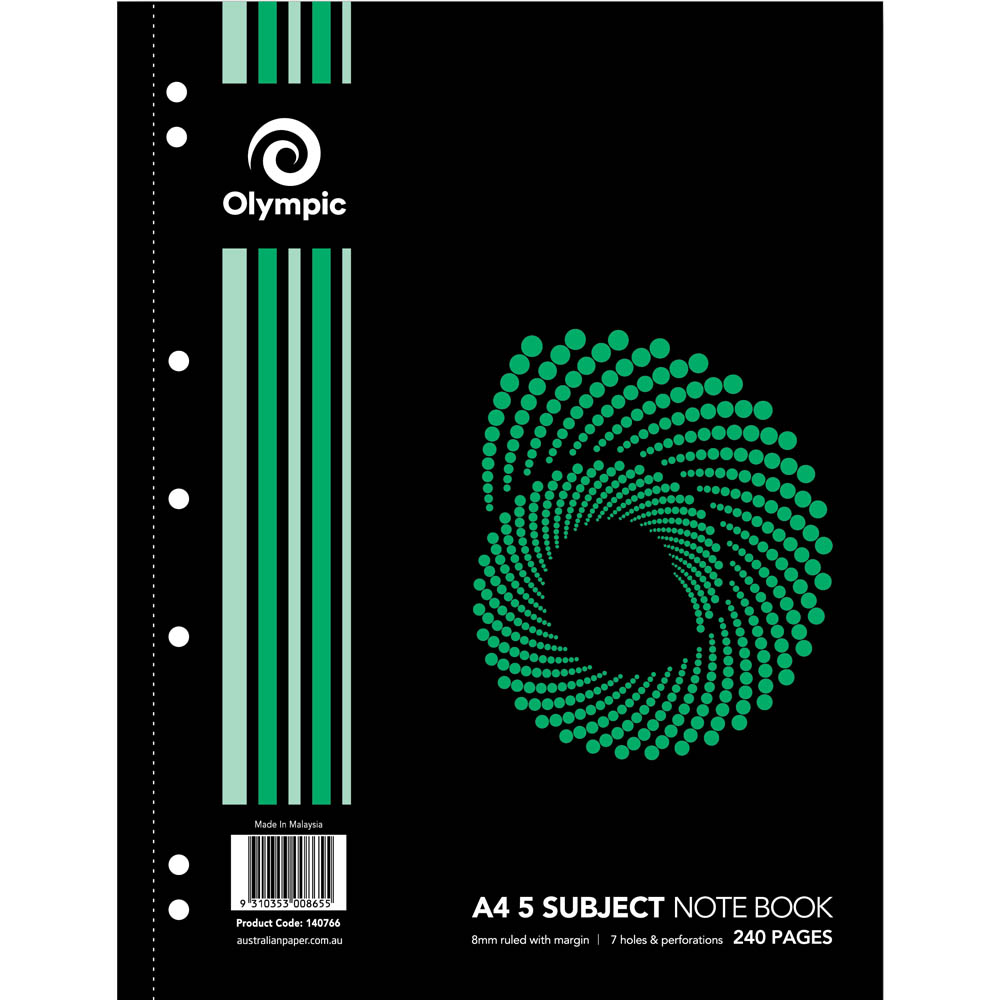 Image for OLYMPIC SL865 SPIRAL 5-SUBJECT NOTEBOOK 8MM RULED 240 PAGE 55GSM A4 PACK 5 from Ross Office Supplies Office Products Depot