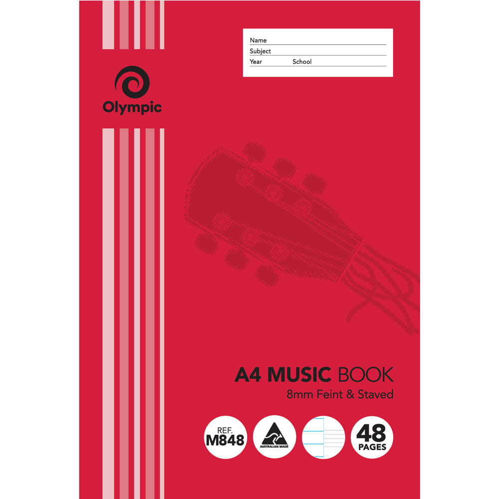 Image for OLYMPIC M848 MUSIC BOOK FEINT AND STAVED 8MM 48 PAGE 55GSM A4 from Total Supplies Pty Ltd