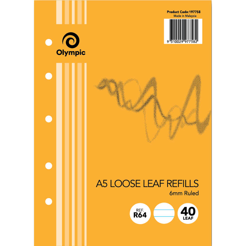 Image for OLYMPIC R64 A5 LOOSE LEAF REFILL 5 HOLES 6MM RULED 55GSM 80 PAGE WHITE from Office Products Depot Gold Coast