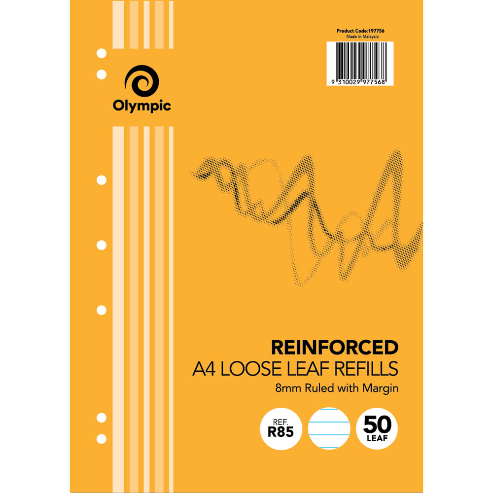 Image for OLYMPIC R85 REINFORCED A4 LOOSE LEAF REFILL 7 HOLES 8MM RULED 50 PAGE 55GSM WHITE from Total Supplies Pty Ltd