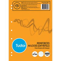 tudor reinforced loose refill pad ruled 7mm 55gsm 400 sheets a4