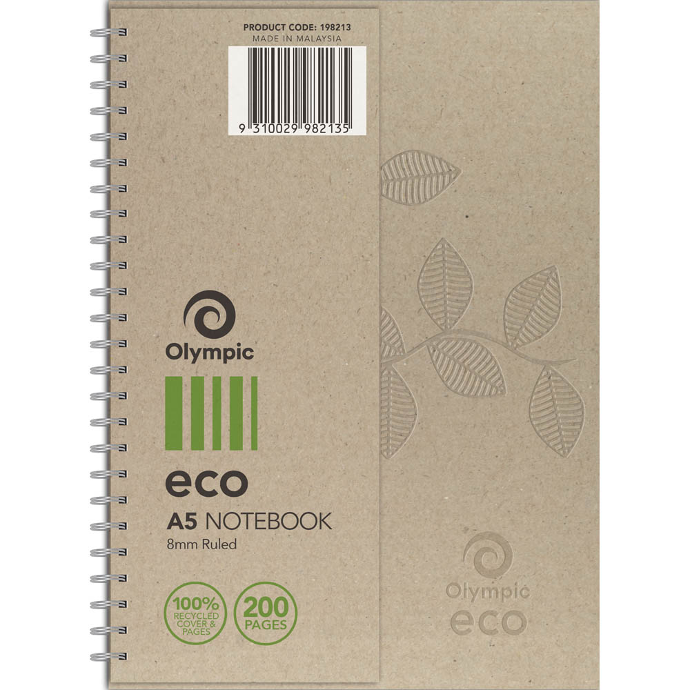 Image for OLYMPIC ECO RECYCLED NOTEBOOK 8MM RULED 70GSM 200 PAGE A5 NATURAL from OFFICEPLANET OFFICE PRODUCTS DEPOT