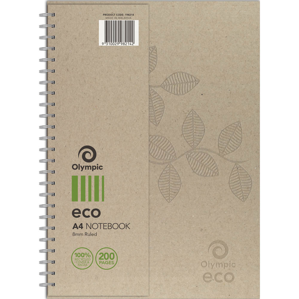 Image for OLYMPIC ECO RECYCLED NOTEBOOK 8MM RULED 70GSM 200 PAGE A4 NATURAL from Ross Office Supplies Office Products Depot