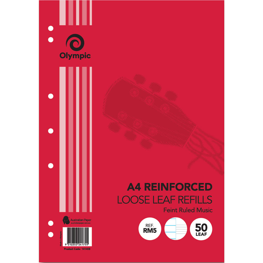 Image for OLYMPIC RM5 REINFORCED LOOSE LEAF REFILL RULED MUSIC 55GSM A4 PACK 50 SHEETS from Margaret River Office Products Depot