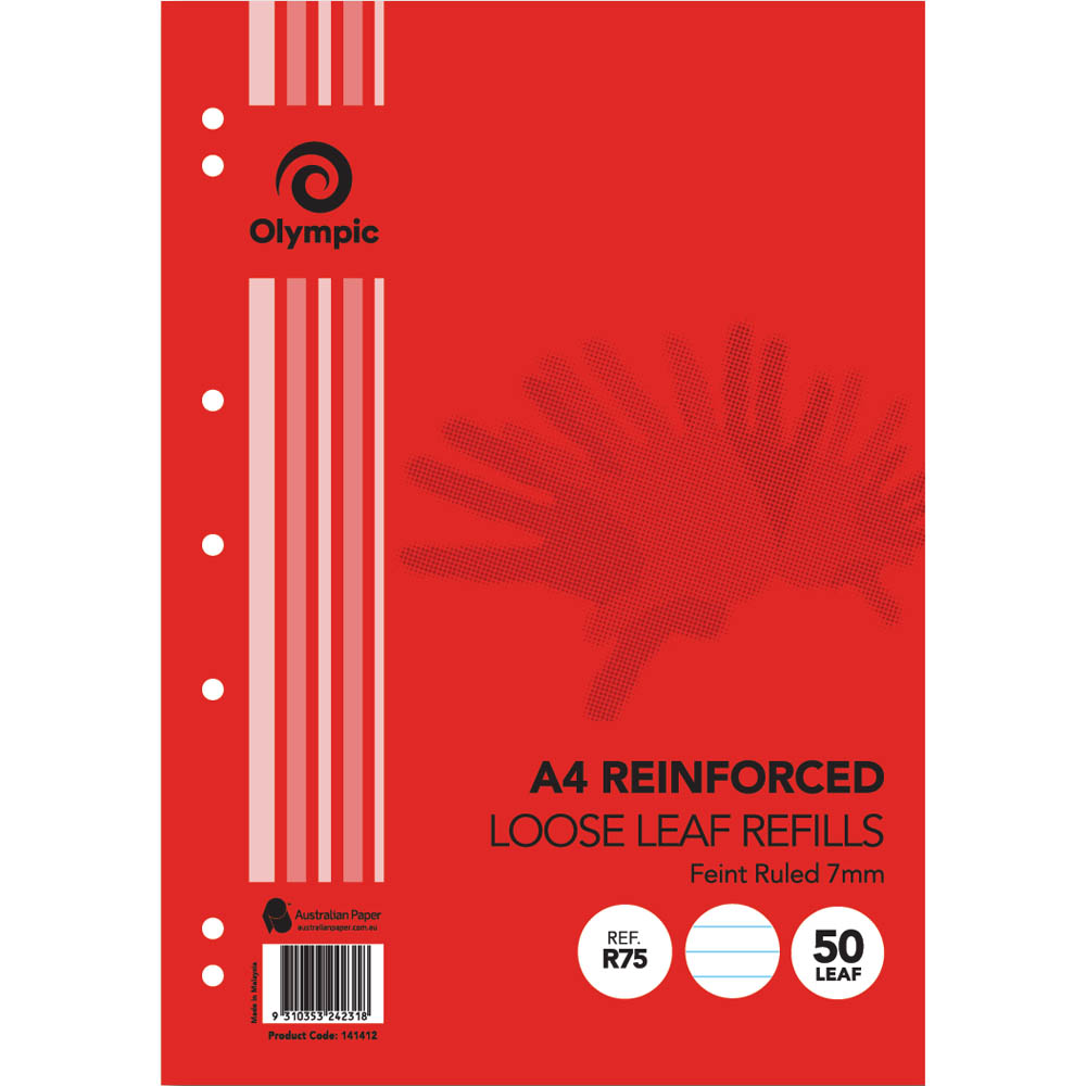 Image for OLYMPIC R75 REINFORCED LOOSE LEAF REFILL 7MM FEINT RULED 55GSM A4 PACK 50 from Total Supplies Pty Ltd