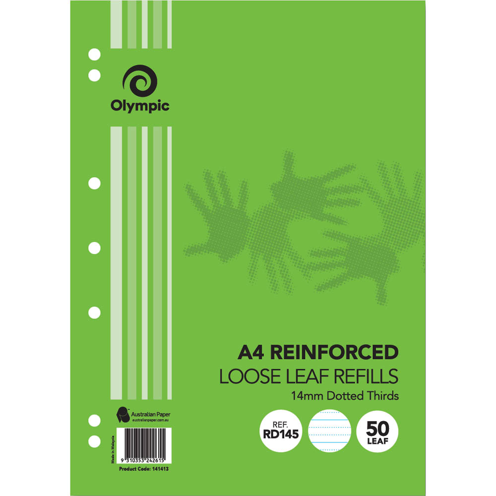 Image for OLYMPIC RD145 REINFORCED A4 LOOSE REFILL 14MM DOTTED THIRDS 55GSM 50 SHEETS from Margaret River Office Products Depot