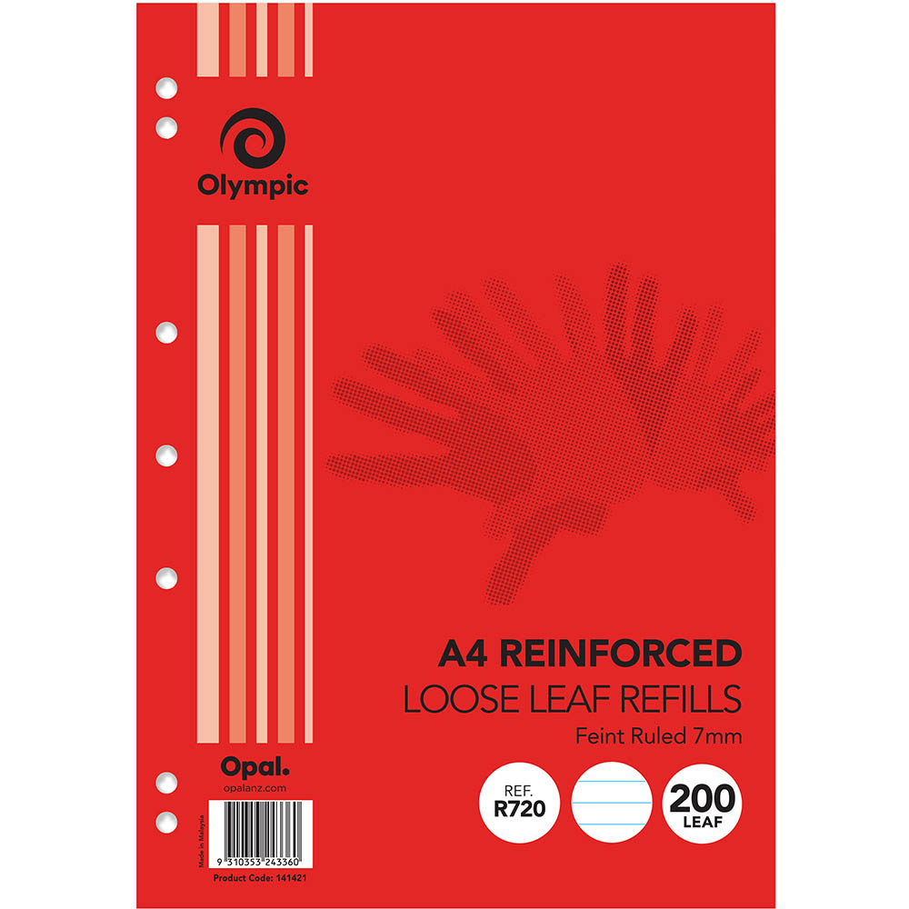 Image for OLYMPIC R720 REINFORCED LOOSE LEAF REFILL 7MM FEINT RULED 55GSM A4 PACK 200 from Margaret River Office Products Depot