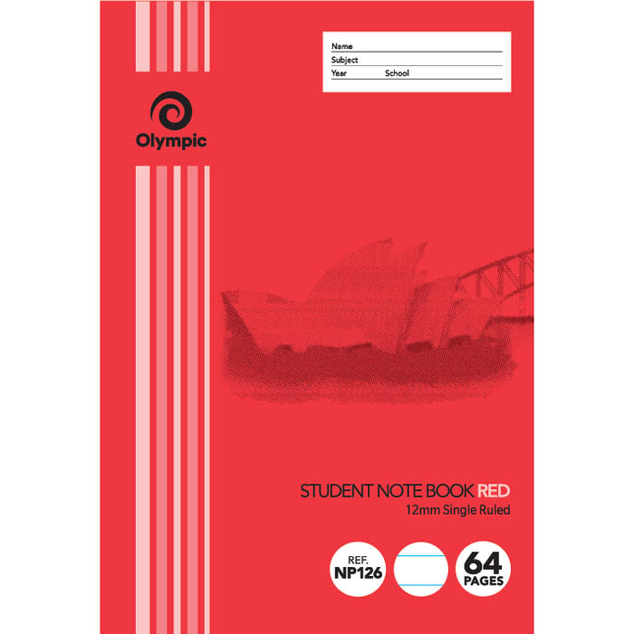 Image for OLYMPIC NP126 EXERCISE BOOK NSW 12MM RULING 55GSM 64 PAGE 250 X 175MM RED from Office Products Depot Gold Coast