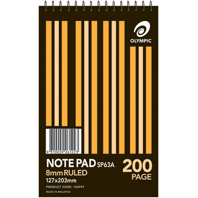 Image for OLYMPIC SP63A NOTEPAD SPIRAL BOUND 8MM RULED 200 PAGE 127 X 203MM WHITE PACK 10 from Office Products Depot Gold Coast