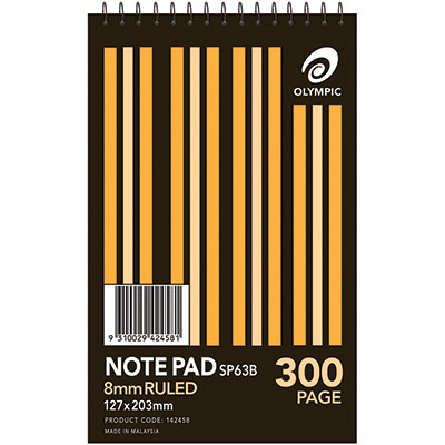 Image for OLYMPIC SP63B NOTEPAD SPIRAL BOUND 8MM RULED 300 PAGE 127 X 203MM WHITE PACK 10 from Total Supplies Pty Ltd