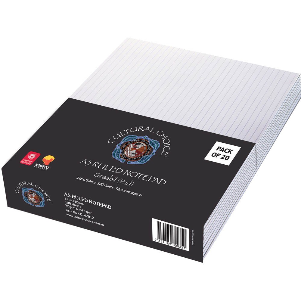 Image for CULTURAL CHOICE NOTE PAD 8MM RULED 70GSM 100 PAGE A5 WHITE PACK 20 from Ross Office Supplies Office Products Depot