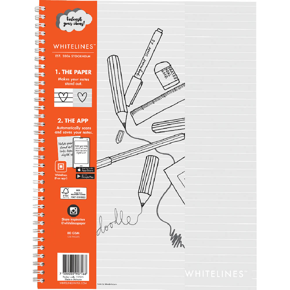 Image for WHITELINES SPIRAL NOTEPAD 8MM RULED 80GSM 120 PAGE A4 from MOE Office Products Depot Mackay & Whitsundays