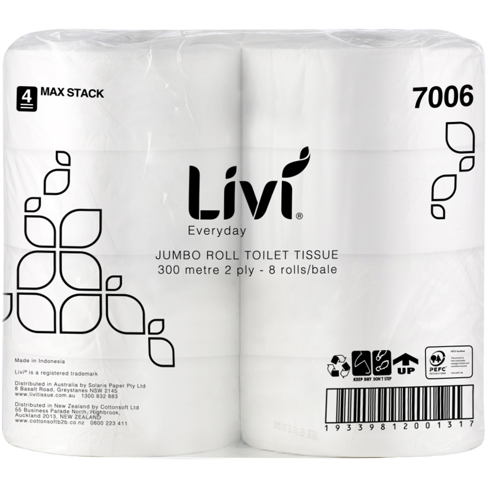 Image for LIVI EVERYDAY 7006 JUMBO ROLL TOILET 2-PLY 300M CARTON 8 from MOE Office Products Depot Mackay & Whitsundays