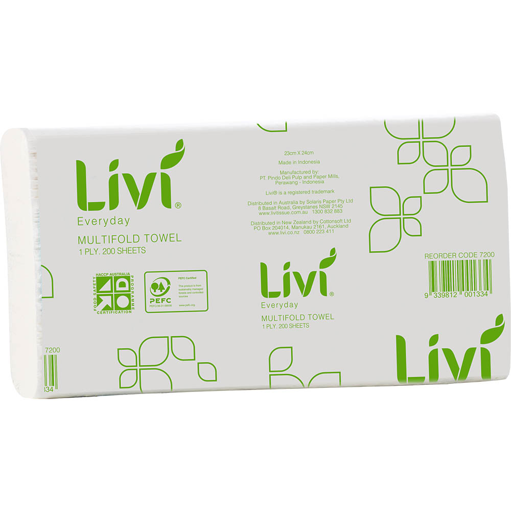 Image for LIVI BASICS MULTIFOLD HAND TOWEL 1-PLY 200 SHEET 230 X 225MM CARTON 20 from Office Products Depot
