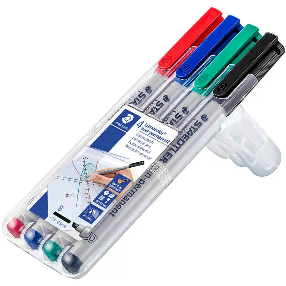 Image for STAEDTLER 312 LUMOCOLOR NON-PERMANENT MARKER CHISEL BROAD 2.5MM ASSORTED PACK 4 from Total Supplies Pty Ltd