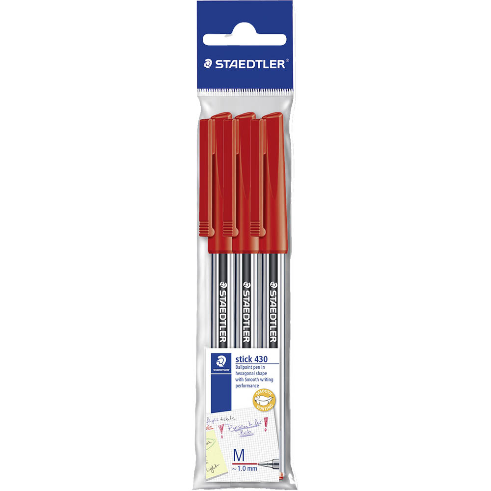 Image for STAEDTLER 430 STICK BALLPOINT PEN MEDIUM RED PACK 3 from Total Supplies Pty Ltd