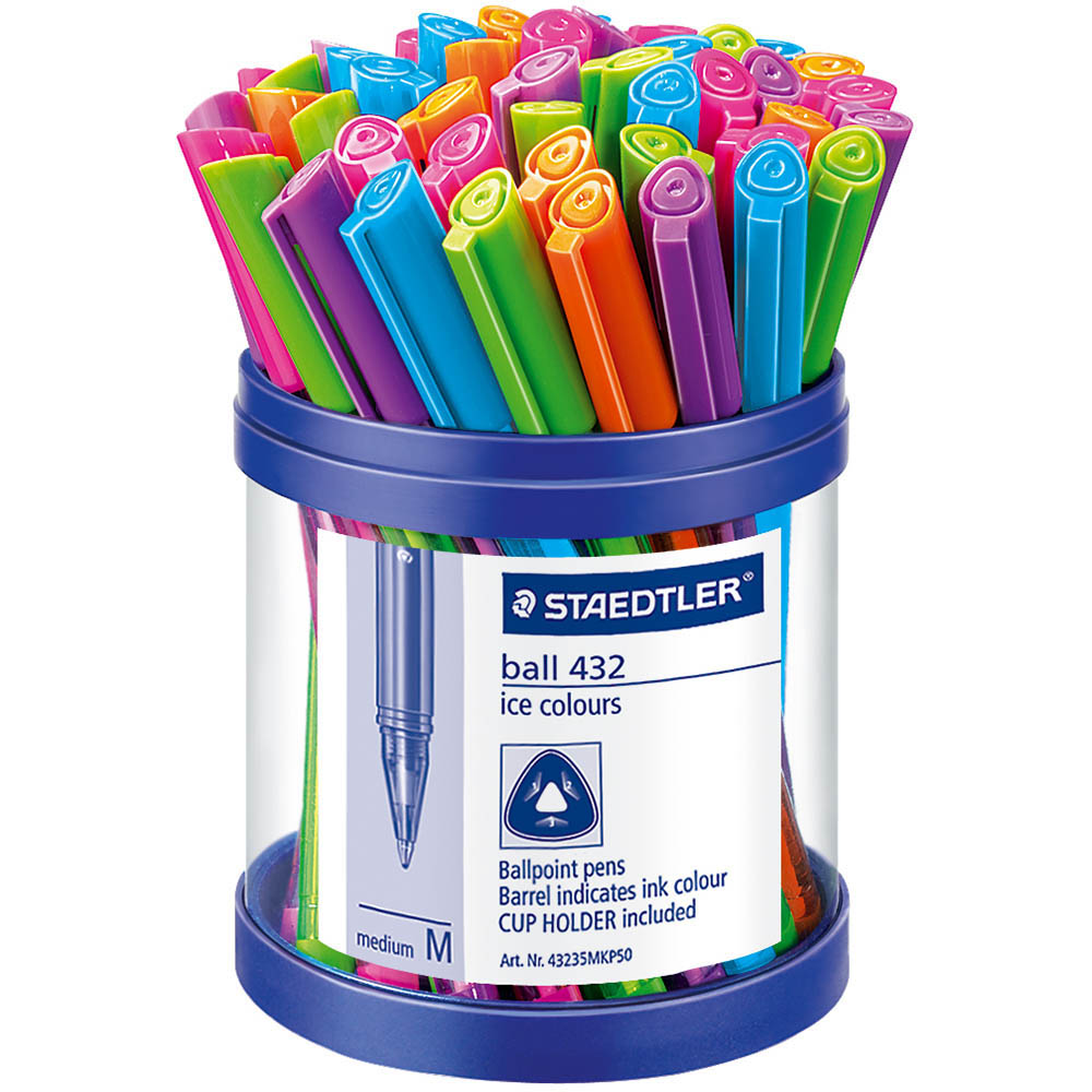 Image for STAEDTLER 432 TRIANGULAR BALLPOINT STICK PEN MEDIUM ASSORTED CUP 50 from Total Supplies Pty Ltd
