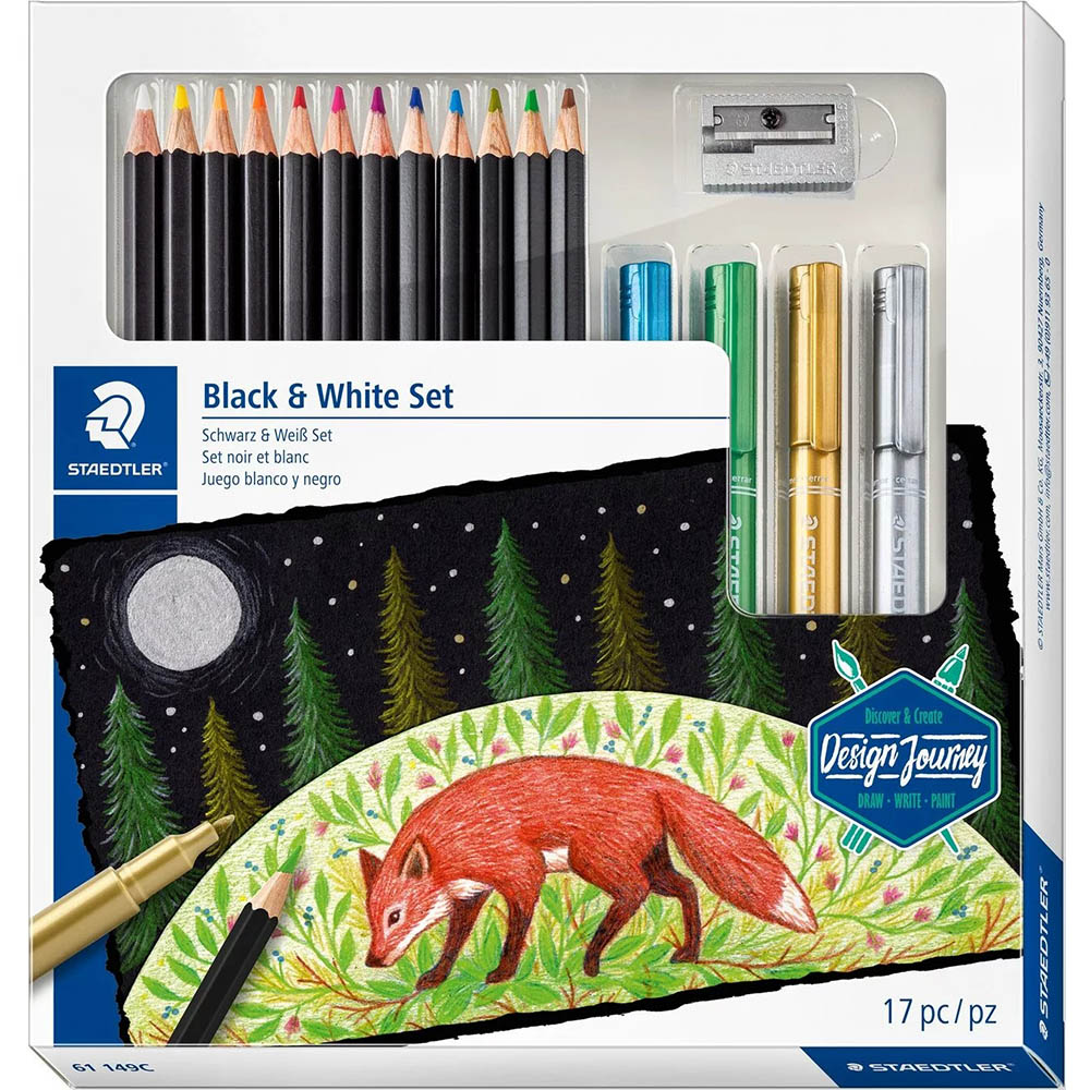 Image for STAEDTLER 61 DESIGN JOURNEY BLACK AND WHITE SOFT COLOUR MIXED SET from Ross Office Supplies Office Products Depot