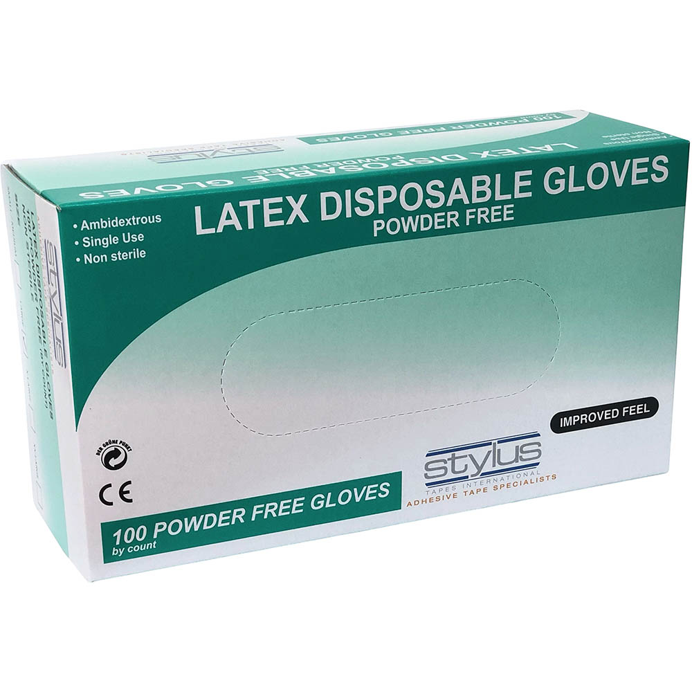 Image for STYLUS LATEX POWDER-FREE DISPOSABLE GLOVES SMALL/MEDIUM NATURAL PACK 100 from Ross Office Supplies Office Products Depot