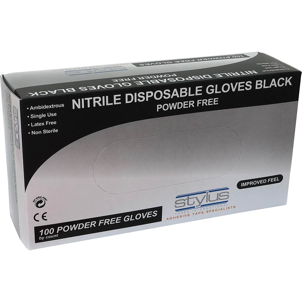 Image for STYLUS NITRILE POWDER-FREE DISPOSABLE GLOVES SMALL/MEDIUM BLACK PACK 100 from Albany Office Products Depot