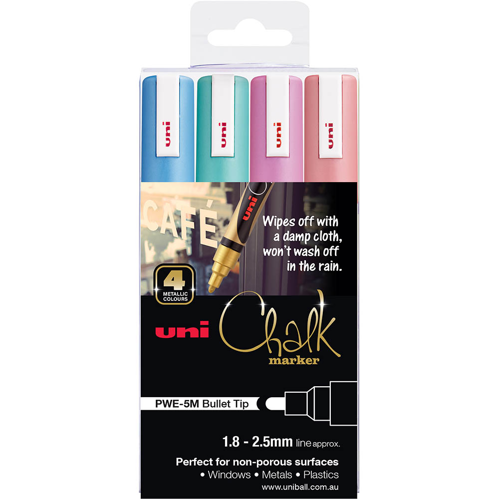 Image for UNI-BALL CHALK MARKER BULLET TIP 2.5MM ASSORTED METALLIC PACK 4 from Office Products Depot