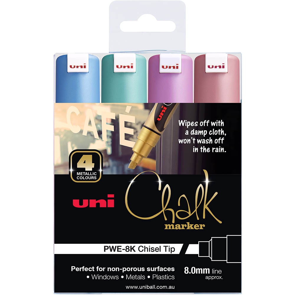 Image for UNI-BALL CHALK MARKER CHISEL TIP 8MM ASSORTED METALLIC PACK 4 from MOE Office Products Depot Mackay & Whitsundays