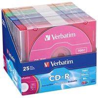 verbatim cd-r 80 min 52x slim case coloured pack 25
