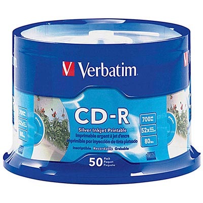 Image for VERBATIM CD-R 700MB 52X PRINTABLE SPINDLE SILVER PACK 50 from Albany Office Products Depot
