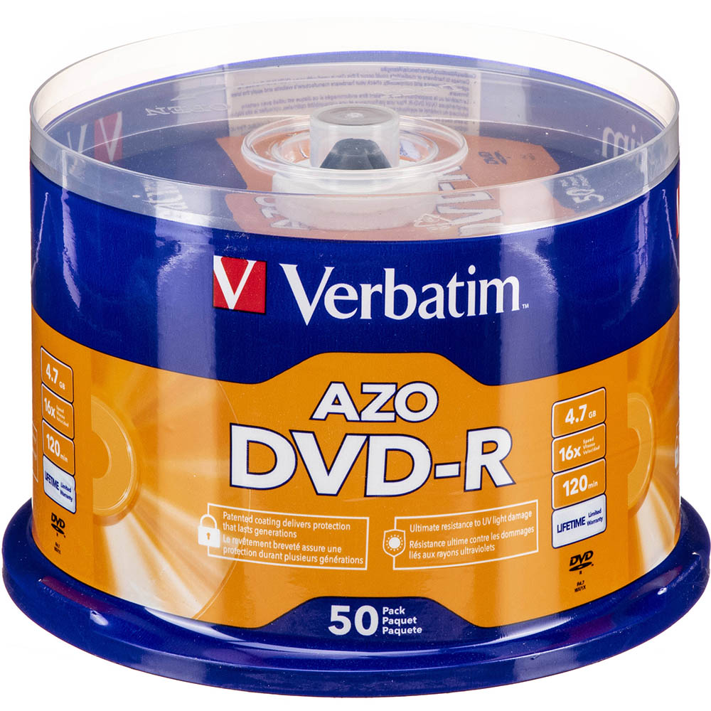 Image for VERBATIM AZO DVD-R 4.7GB 16X SPINDLE SILVER PACK 50 from OFFICEPLANET OFFICE PRODUCTS DEPOT
