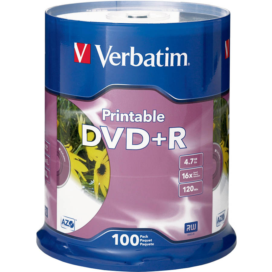 Image for VERBATIM DVD+R 4.7GB 16X PRINTABLE SPINDLE WHITE PACK 100 from Ross Office Supplies Office Products Depot