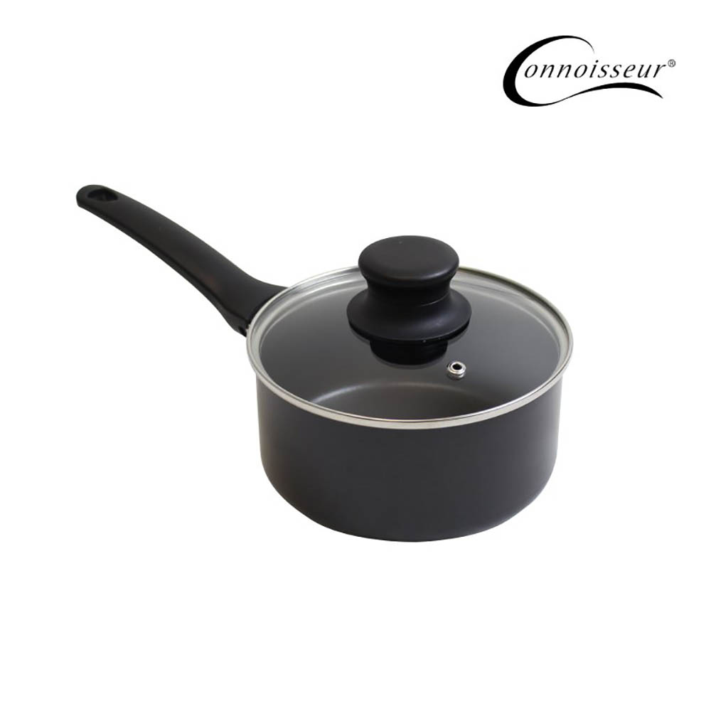 Image for CONNOISSEUR PRESSED NON STICK SAUCEPAN WITH GLASS LID 160MM BLACK from MOE Office Products Depot Mackay & Whitsundays