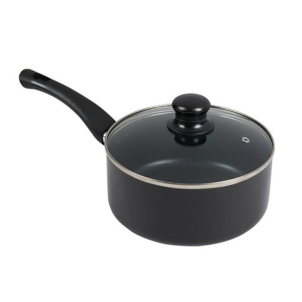 Image for CONNOISSEUR PRESSED NON STICK SAUCEPAN WITH GLASS LID 200MM BLACK from MOE Office Products Depot Mackay & Whitsundays