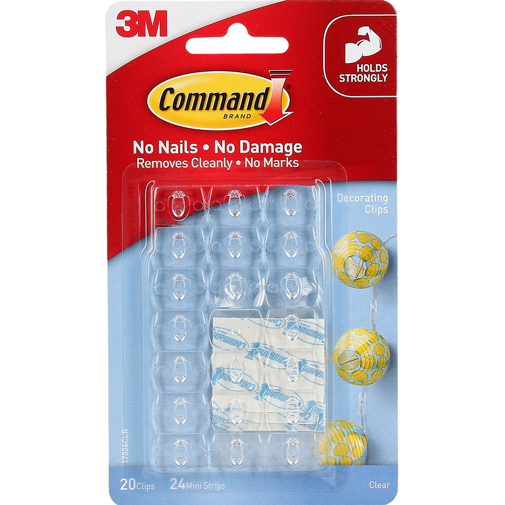 Image for COMMAND ADHESIVE DECORATING CLIPS CLEAR PACK 20 CLIPS AND 24 STRIPS from MOE Office Products Depot Mackay & Whitsundays