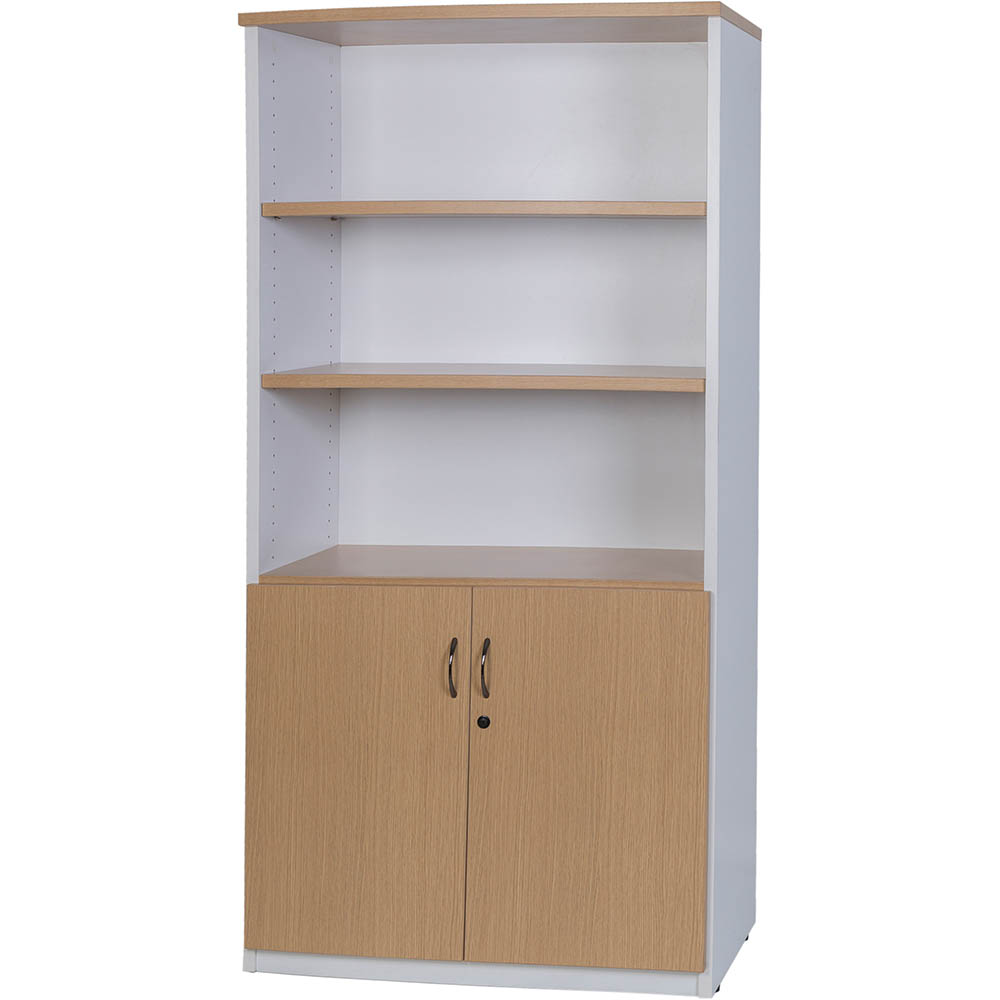 Image for OXLEY HALF DOOR STATIONERY CUPBOARD 900 X 450 X 1800MM OAK/WHITE from MOE Office Products Depot Mackay & Whitsundays