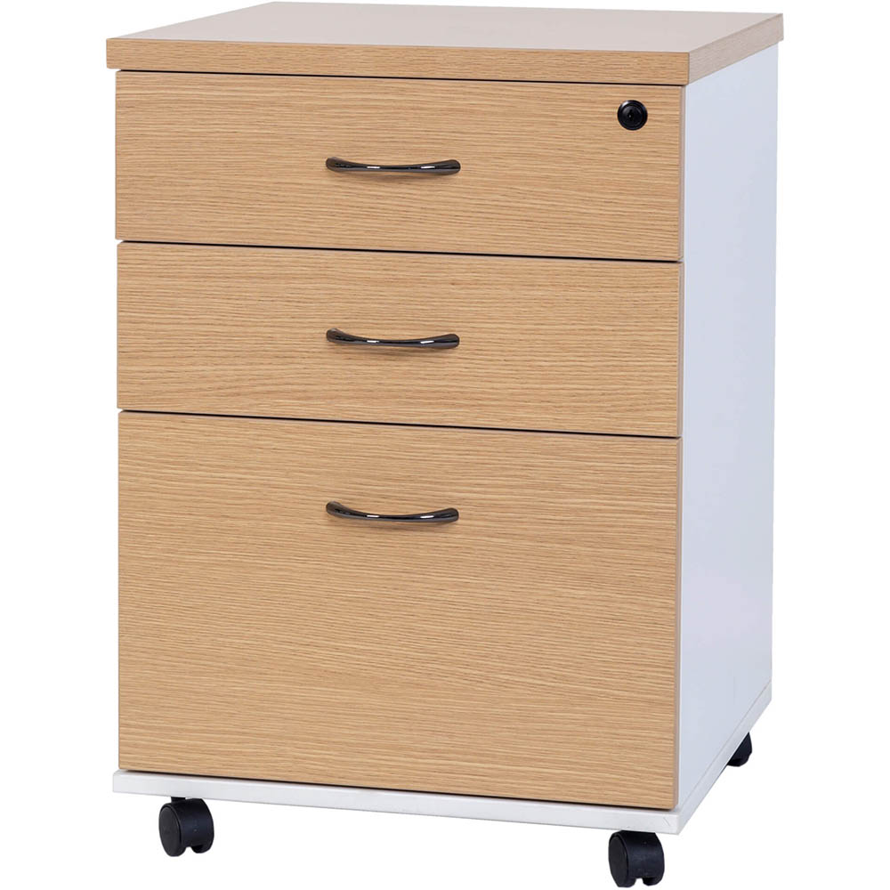 Image for OXLEY MOBILE PEDESTAL 3-DRAWER LOCKABLE OAK/WHITE from Ross Office Supplies Office Products Depot