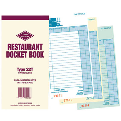 Image for ZIONS 22T RESTAURANT DOCKET BOOK CARBONLESS TRIPLICATE 200 X 100MM 25 SETS from Albany Office Products Depot