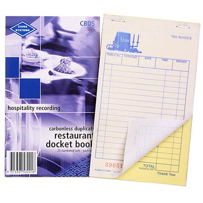 Image for ZIONS CBD RESTAURANT DOCKET BOOK CARBONLESS DUPLICATE 170 X 100MM from MOE Office Products Depot Mackay & Whitsundays