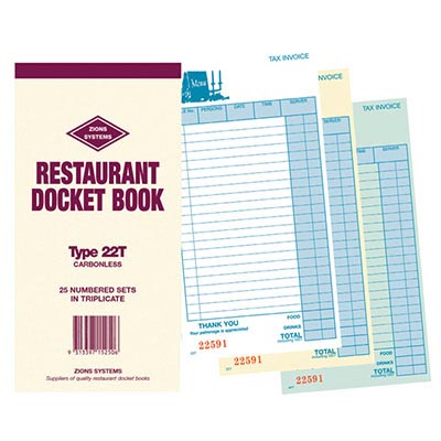 Image for ZIONS CBT RESTAURANT DOCKET BOOK CARBONLESS TRIPLICATE 170 X 100MM 25 SETS from Margaret River Office Products Depot