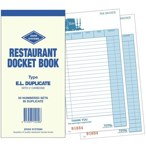 Image for ZIONS ELD RESTAURANT DOCKET BOOK CARBON DUPLICATE 210 X 100MM from Albany Office Products Depot
